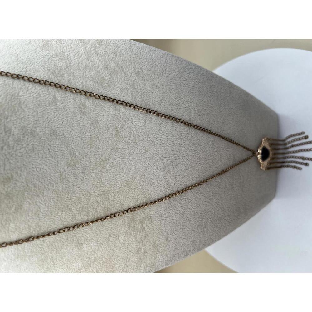 Vintage Style Gold Tone Necklace with Black Pendant and Chain Fringe - Picture 6 of 8